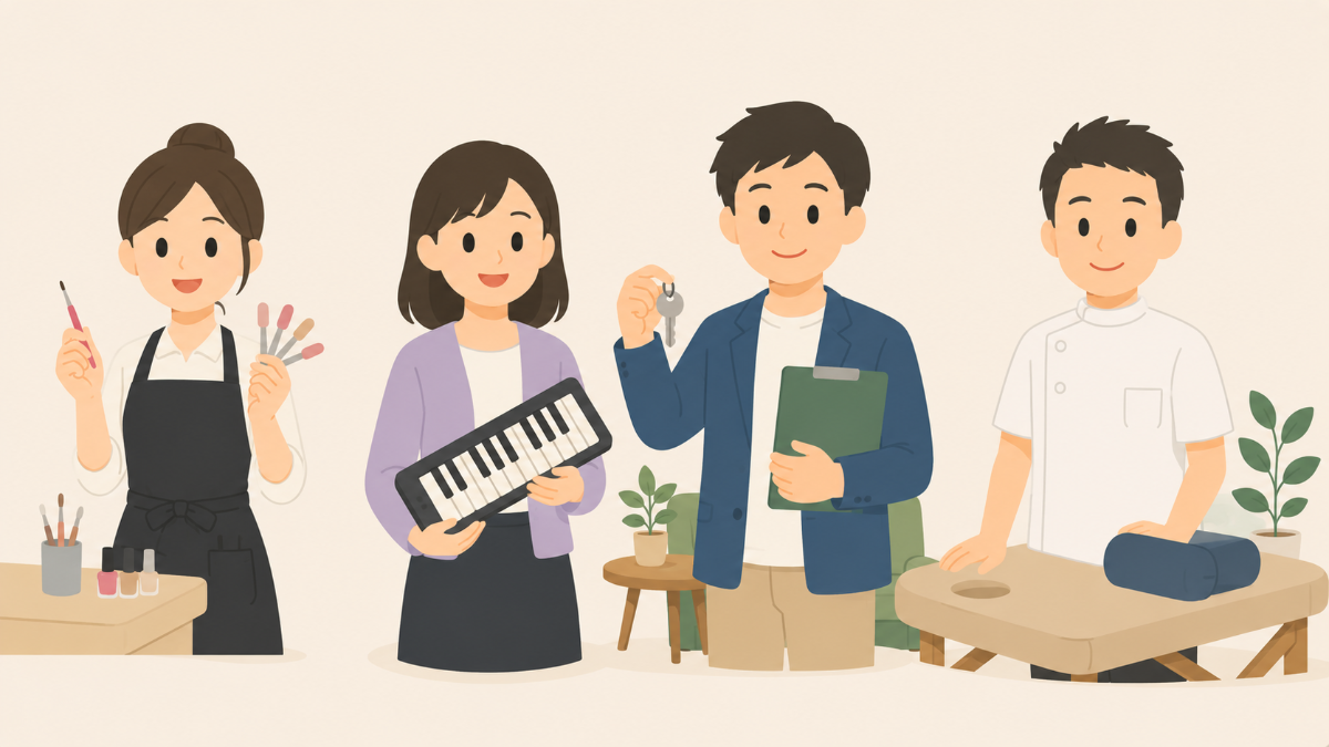 ネイリスト・ピアノ講師・レンタルスペース運営者・整体師が並んでいるイラスト